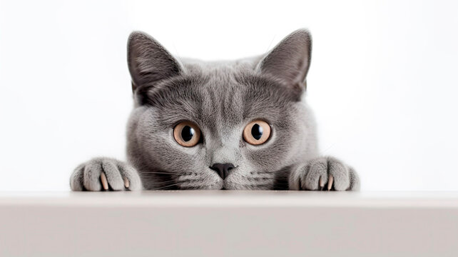 British Shorthair Cat peeking out from behind a white table, on white background with copyspace.