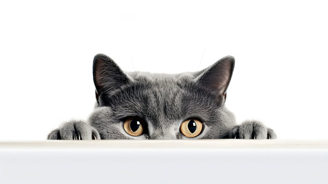 British Shorthair Cat peeking out from behind a white table, on white background with copyspace.