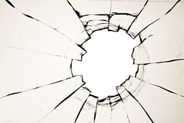 A hole in the window, cracks in the glass. The effect of a broken window texture on a white background