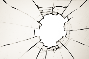 A hole in the window, cracks in the glass. The effect of a broken window texture on a white background