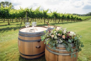 Obraz premium charming vineyard wedding venue with rolling vineyards, a rustic barn, a cozy wine cellar, and wine tasting options, providing a romantic setting for a winery-themed wedding - Generative AI