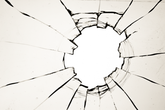 A hole in the window, cracks in the glass. The effect of a broken window texture on a white background