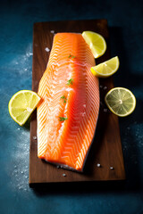 Fresh raw salmon fillet with aromatic herbs, spices.