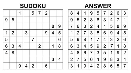 Vector sudoku with answer 14. Educational game with numbers for kids and leisure for adult on white background.