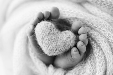 The tiny foot of a newborn baby. Soft feet of a new born in a wool blanket. Close up of toes, heels and feet of a newborn. Knitted heart in the legs of baby. Macro photography. Black and white. 