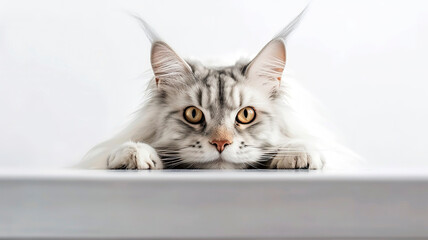Maine Coon Cat peeking out from behind a white table, on white background with copyspace.
