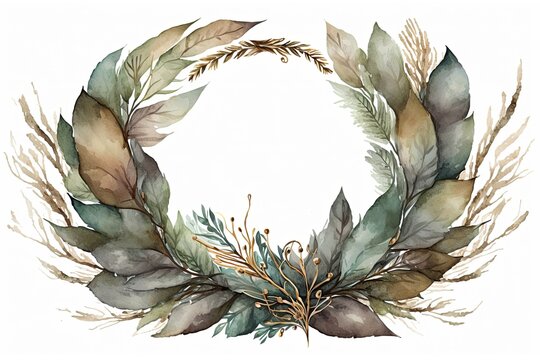 Decorative watercolor of a wreath with green and brown leaves. Generative AI