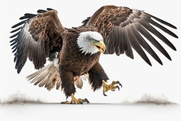 High-quality image shows a bald eagle landing in the United States on a white background. Generative AI