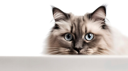 Ragdoll cat peeking out from behind a white table, on white background with copyspace.