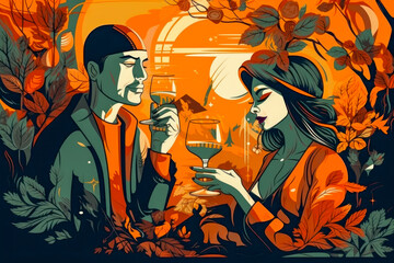Vaporpunk illustration showing a man and a woman with a glass of wine. Generative AI