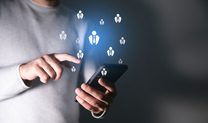 man hand phone with people network