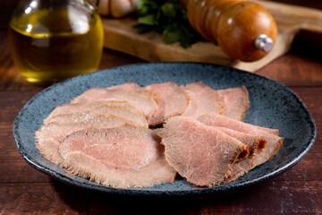 Sliced roast beef on plate.