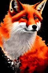 Obraz premium Portrait of a red fox on a dark background. The head of a beautiful forest animal. A clever look of a dodgy fox, a skilled predator and an elegant animal, generative ai