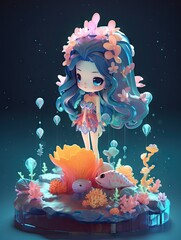 Girl with flowers in hair. AI generated art illustration.