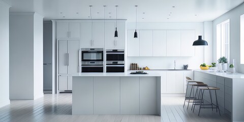 Well lit spacious kitchen mockup in white wall colors  with furniture giving some level of contrast