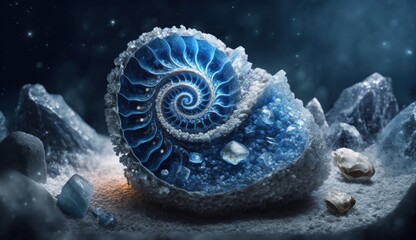  fossilized crystalline ammonite from different gems and ore, sapphire and aquamarine. Created with AI.