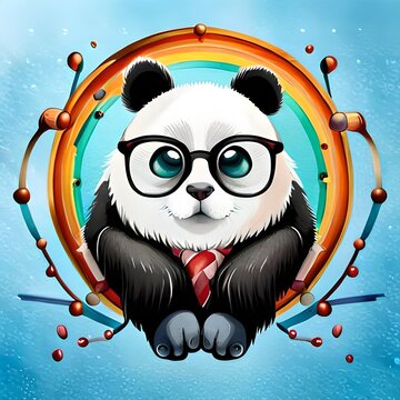 cute panda wearing glasses with circle on a gradient bright light blue background, Watercolor illustration of panda. generative AI