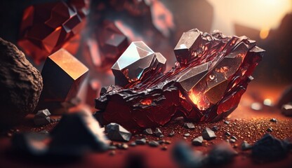 deposits of red crystalline ruby and zircon ore in a nugget. Precious minerals of different types and textures. Created with AI.