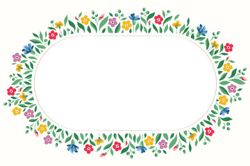 Bright Chintz Romantic Meadow Wildflowers Vector Ellipse Oval Frame. Cottagecore Garden Flowers and Foliage Wedding Invitation. Homestead Bouquet. Farmhouse Background