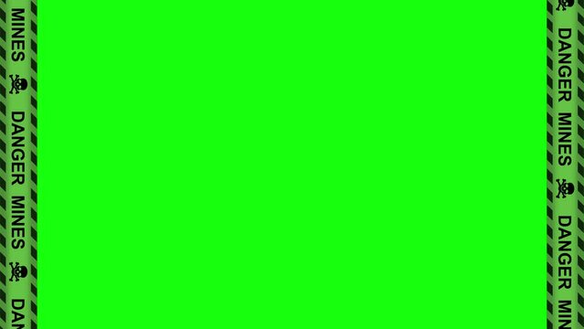 Isolated green tape khaki stripes minefield frame border footage. Military area warning symbol concept. High quality 4k footage