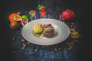 Decadent chocolate souffle, side angle, paired with ice cream, indulgent dessert, rich and velvety, tempting