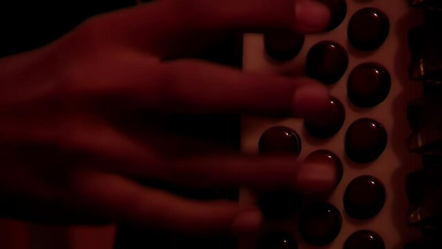 Woman Playing Button Accordion during the Night. Closeup.