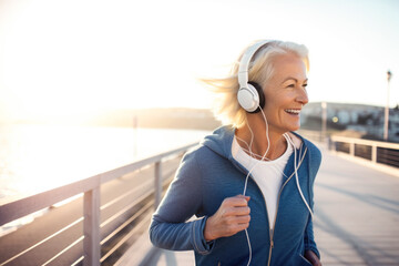 Happy senior woman listening music while running along sea, generative ai