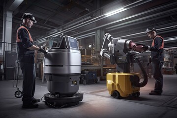 two men working in a factory with an industrial robot next to the man is wearing a safety vest and helmet. Striking Photo of AI Robot Working Alongside Humans in Industrial Setting - Generative AI