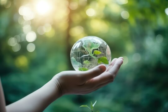 Earth crystal glass ball and a growing tree in a human hand, on a green sunny background. Save the environment, save a clean planet, ecological concept. Postcard to World Earth Day. Generative AI