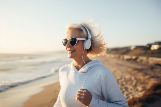 Happy mature woman listening music jogging on sea shore, generative ai