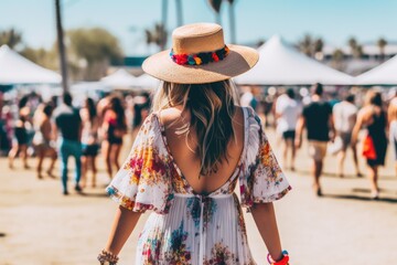 vibrant and bohemian-inspired Coachella festival outfit view from the back, featuring a flowy maxi dress, fringe accessories, a wide-brimmed hat, music festival - Generative AI