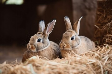 Fototapeta premium two adorable brown rabbits eat food and sit on dried grass in a rabbit farm. Household and ecology concept.generative AI