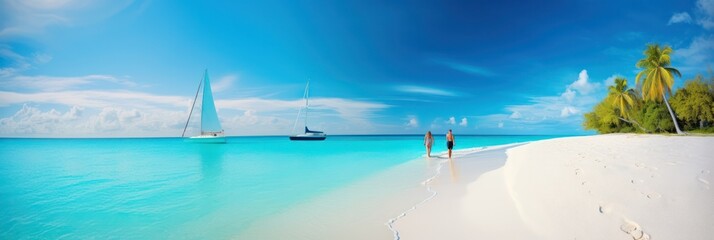 a young couple walks along the white sand of a beach on a paradise island. concept of travel and luxury rest. generative AI