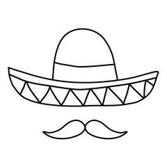 Mexican hat sombrero with moustache, doodle style flat vector outline for coloring book