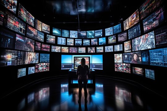 a person standing in front of multiple television screens with images. Digital Invasion of Privacy: Gripping Image of Leaked Personal Data on Multiple Screens - Generative AI