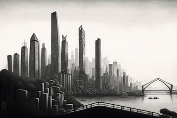 a hazy view of the cityscape and skyline of Chongqing on. Generative AI