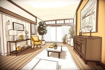 White walls, a wooden floor, and a wooden side table decorate the living area. illustrations. Generative AI