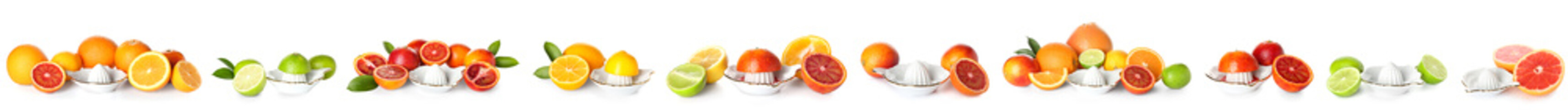Set of juicers and different citrus fruits on white background