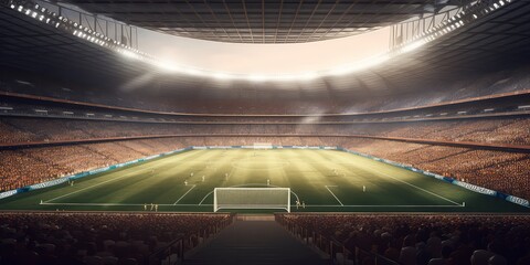 Naklejka na ściany i meble Football stadium spot view and cheering fans on background. Digital 3D illustration for sport advertising. .