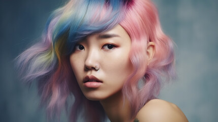Beautiful and Modern Asian Women with Colorful and Pastel Hair made with Generative AI