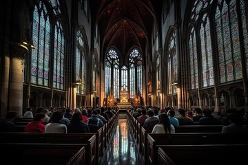Inside of a church with many people sitting in pew chairs and looking out at the view from the altar. Powerful Image of Congregation Attending Mass in Latin American Cathedral - Generative AI - obrazy, fototapety, plakaty