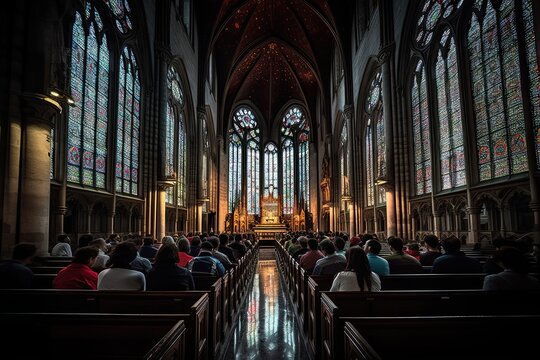 Inside of a church with many people sitting in pew chairs and looking out at the view from the altar. Powerful Image of Congregation Attending Mass in Latin American Cathedral - Generative AI