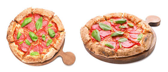 Tasty sliced pizza with pepperoni on white background