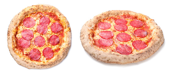 Delicious pizza with pepperoni on white background