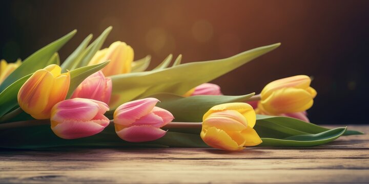 Tulips border with copy space. Bouquet of tulips flowers on wooden background. Beautiful frame composition of spring flowers. Generative AI
