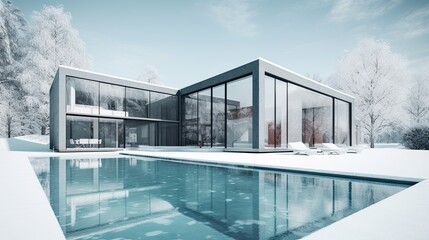 A New Winter Villa with a Pool: Modern Minimalist Design with Huge Glass Windows, Generative AI