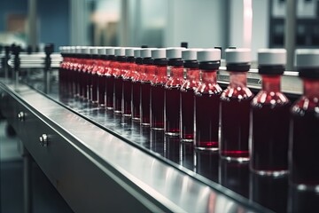 Advanced Technology at Work: Generative Industry Engineering for Red Bottles of Drink on a Conveyor Belt in a Factory: Generative AI