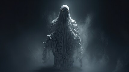 Amidst the Fog, a Frightening Ghostly Figure Floats With Cruel Intentions - A Halloween Horror 3D Render: Generative AI - obrazy, fototapety, plakaty