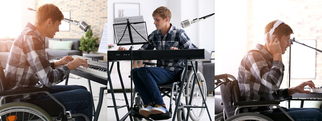 Collage of young musician in wheelchair playing synthesizer at home