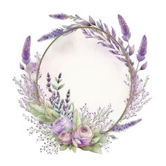 Watercolor wreath with lavender flowers. Illustration AI Generative.